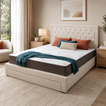 Mobilier - Pat matrimonial cu spatiu depozitare Austin, elemente lemn masiv, tapitat cu stofa, cu somiera,140x200 cm, crem