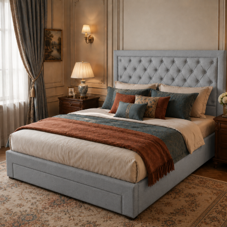 Mobilier - Pat matrimonial cu spatiu depozitare Austin, elemente lemn masiv, tapitat cu stofa, cu somiera,140x200 cm, gri