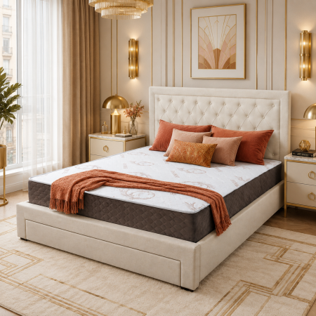 Produse - Pat matrimonial cu spatiu depozitare Austin, elemente lemn masiv, tapitat cu stofa, cu somiera,160x200 cm, crem