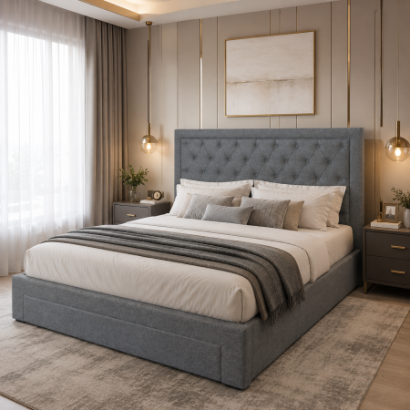 Mobilier - Pat matrimonial cu spatiu depozitare Austin, elemente lemn masiv, tapitat cu stofa, cu somiera,160x200 cm, gri