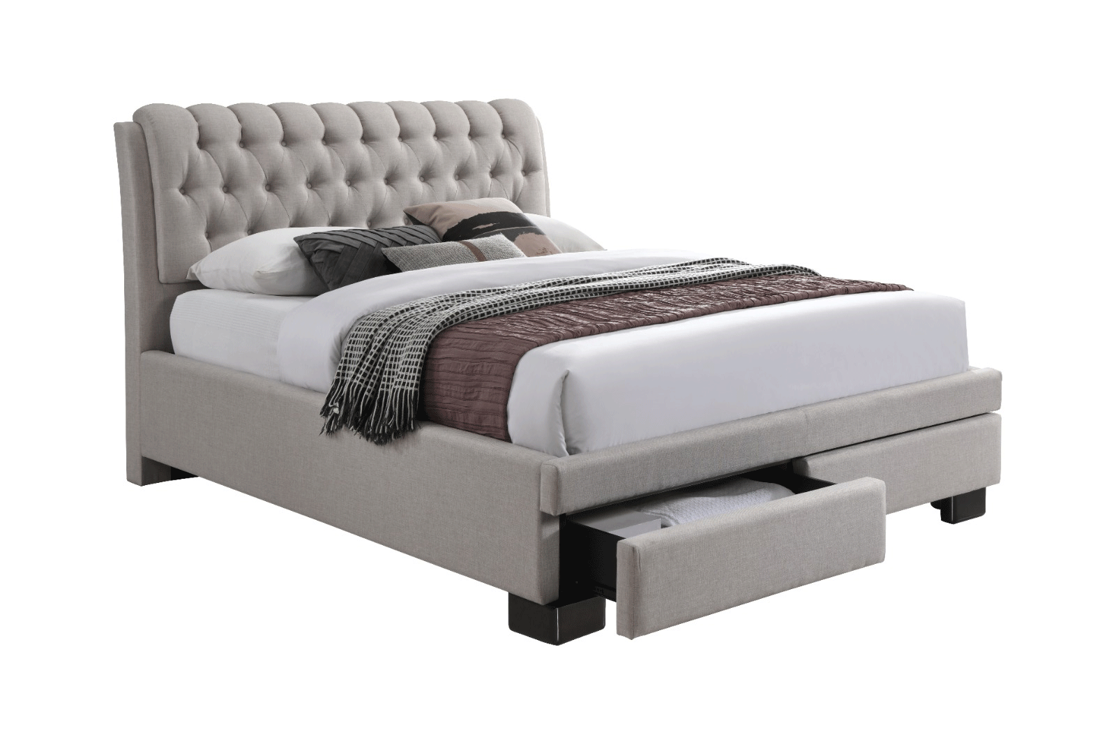 Pat matrimonial Elegant, elemente lemn masiv, sertare, tapitat cu stofa, cu somiera,160x200 cm, bej [1]