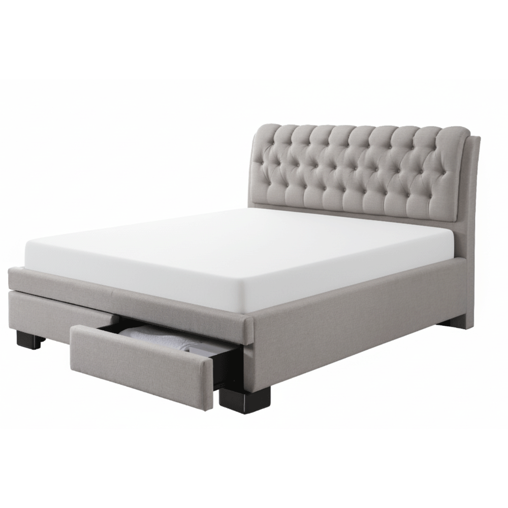 Pat matrimonial Elegant, elemente lemn masiv, sertare, tapitat cu stofa, cu somiera,160x200 cm, bej [2]