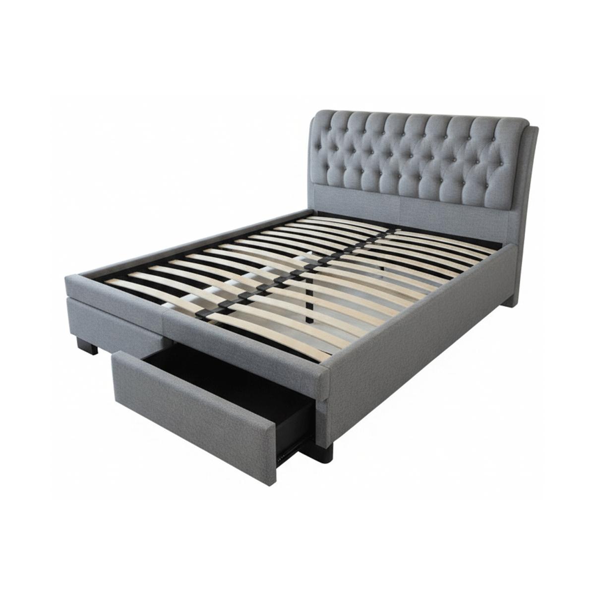 Pat matrimonial Elegant, elemente lemn masiv, sertare, tapitat cu stofa, cu somiera,160x200 cm, gri [3]