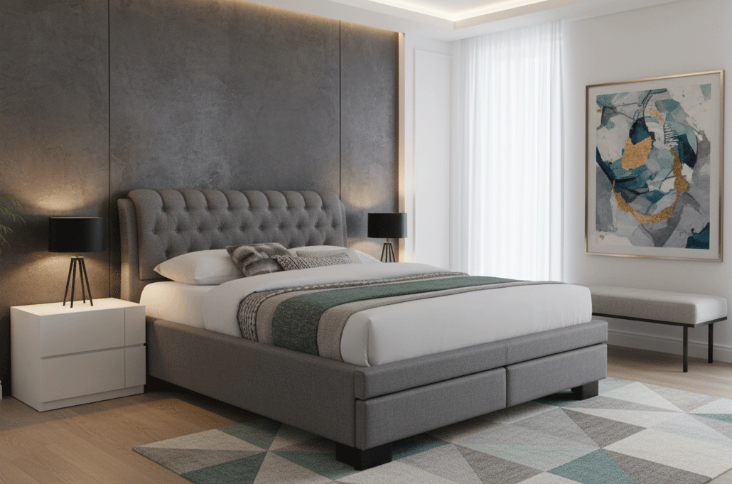 Mobilier - Pat matrimonial Elegant, elemente lemn masiv, sertare, tapitat cu stofa, cu somiera,160x200 cm, gri