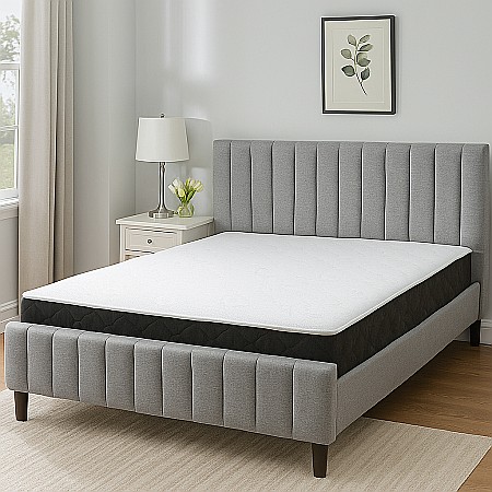 Produse - Pat matrimonial Erzon, elemente lemn masiv, tapitat cu stofa, cu somiera,140x200 cm, gri