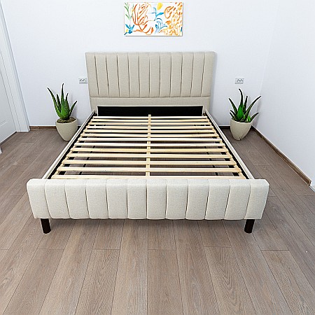 Pat matrimonial Erzon, elemente lemn masiv, tapitat cu stofa, cu somiera,140x200 cm, crem [3]