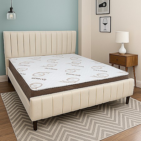 Mobilier dormitor - Pat matrimonial Erzon, elemente lemn masiv, tapitat cu stofa, cu somiera,160x200 cm, crem RESIGILAT