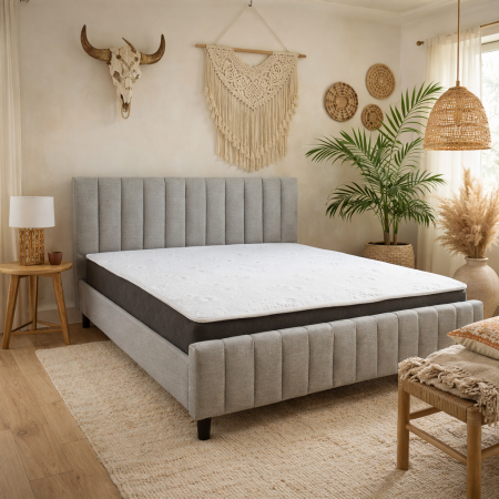 Paturi - Pat matrimonial Erzon Hydraulic, elemente lemn masiv, spatiu depozitare, tapitat cu stofa, somiera rabatabila,140x200 cm, gri