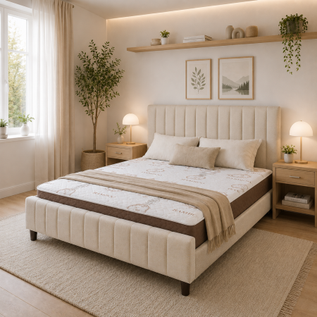 Mobilier dormitor - Pat matrimonial Erzon Hydraulic, elemente lemn masiv, spatiu depozitare, tapitat cu stofa, somiera rabatabila,160x200 cm, crem
