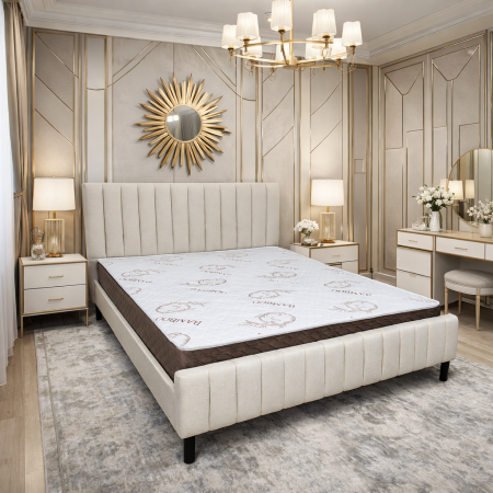 Paturi - Pat matrimonial Erzon Hydraulic, elemente lemn masiv, spatiu depozitare, tapitat cu stofa, somiera rabatabila,160x200 cm, crem