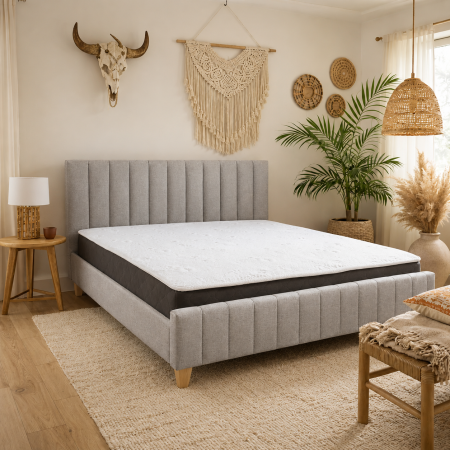 Mobilier dormitor - Pat matrimonial Erzon Hydraulic, elemente lemn masiv, spatiu depozitare, tapitat cu stofa, somiera rabatabila,160x200 cm, gri