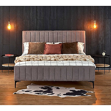 Pat matrimonial HM Francesca, tapiterie textil, somiera inclusa, cadru metalic/lemn masiv, 160 x200, gri