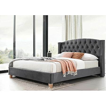 Pat matrimonial KL Ando, tapitat cu catifea, somiera inclusa, tablie inalta, structura lemn masiv, 160x200 cm, gri [1]