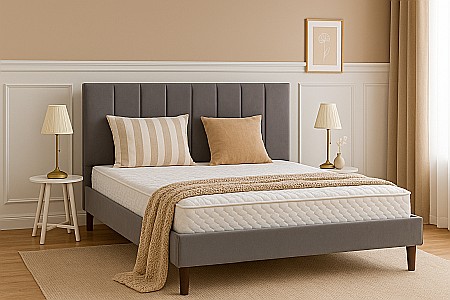 Produse - Pat matrimonial Limess, elemente lemn masiv, tapitat cu catifea, cu somiera,140x200 cm, gri
