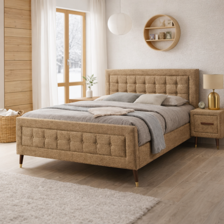 Paturi - Pat matrimonial Melodie, elemente lemn masiv, tapitat cu stofa, cu somiera,160x200 cm, crem