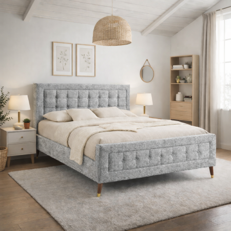 Paturi - Pat matrimonial Melodie, elemente lemn masiv, tapitat cu stofa, cu somiera,140x200 cm, gri