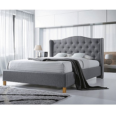 Pat matrimonial SL Aspen, tapitat cu stofa, cadru lemn masiv, cu somiera, 180x200, gri