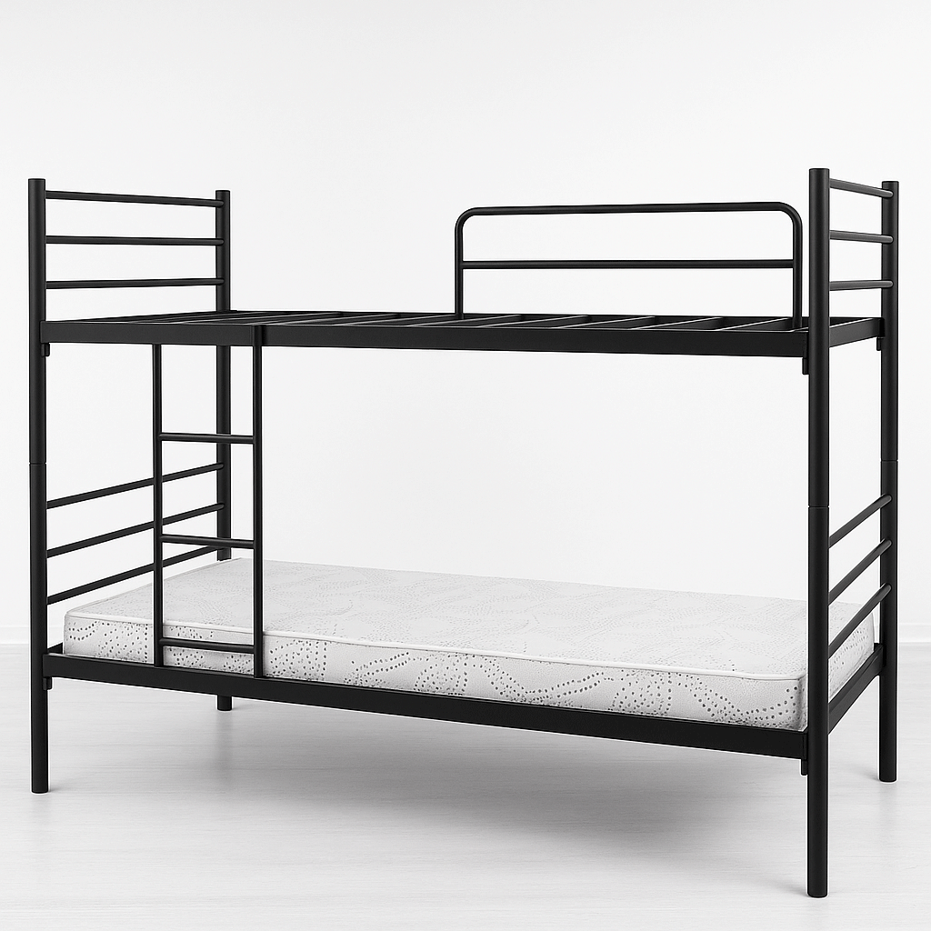 Pat metalic supraetajat, 2 persoane, bara protectie, cu scara, 90x200 cm, negru [3]