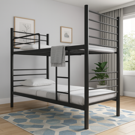 Produse - Pat metalic supraetajat, 2 persoane, bara protectie, cu scara, 90x200 cm, negru