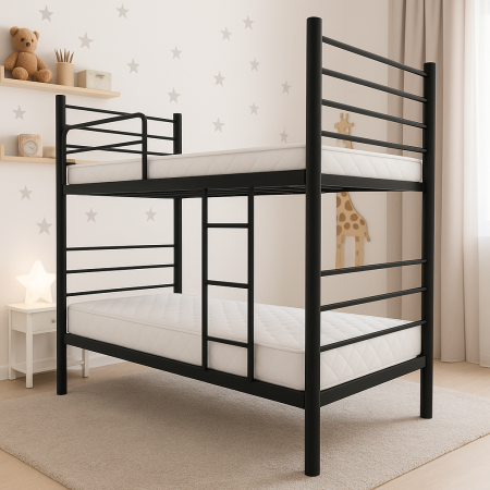 Pat metalic supraetajat, 2 persoane, bara protectie, cu scara, 90x200 cm, negru [1]