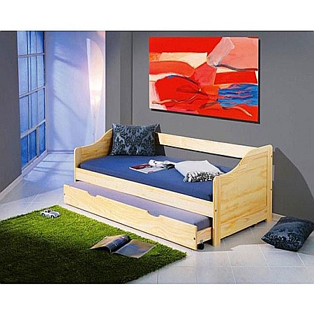 Pat pentru copii cu sertar HM Laura, lemn, margini rotunjite, 209x96x65 cm, natur [1]