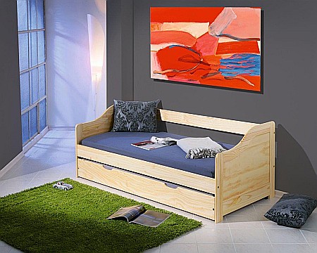 Lichidare de stoc - Pat pentru copii cu sertar HM Laura, lemn, margini rotunjite, 209x96x65 cm, natur