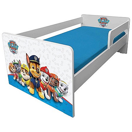 Produse - Pat pentru copii Dogs Blue, cu protectii laterale detasabile reversibile, Pal melaminat, margini rotunjite, 2-6 ani, 134x66x55 cm, alb/albastru