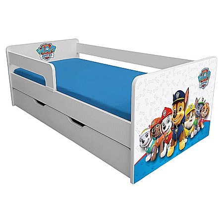 Produse - Pat pentru copii Dogs Blue cu sertar, protectii laterale detasabile reversibile, Pal melaminat, margini rotunjite, 2-8 ani, 144x76x45 cm, alb/albastru