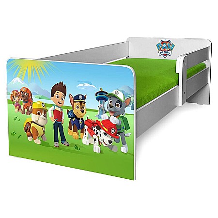 Pat pentru copii Dogs Green, cu protectie laterala detasabila, Pal melaminat, margini rotunjite, 2-8 ani, 144x76x45 cm, alb/verde [1]