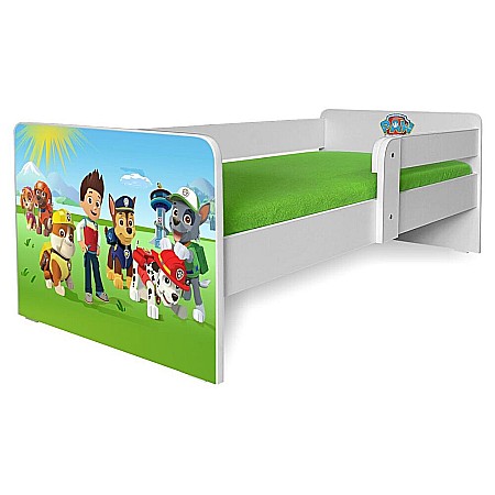Produse - Pat pentru copii Dogs Green, cu protectie laterala detasabila, Pal melaminat, margini rotunjite, 2-12 ani, 164x86x55 cm, alb/verde