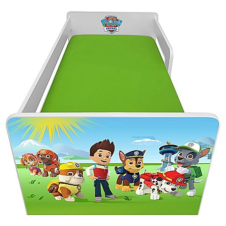 Pat pentru copii Dogs Green, cu protectii laterale detasabile reversibile, Pal melaminat, margini rotunjite, 2-8 ani, 144x76x45 cm, alb/verde [1]