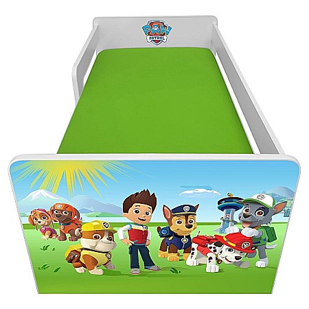 Pat pentru copii Dogs Green cu sertar, protectii laterale detasabile reversibile, Pal melaminat, margini rotunjite, 2-8 ani, 144x76x45 cm, alb/verde [2]