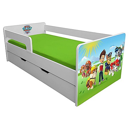 Pat pentru copii Dogs Green cu sertar, protectii laterale detasabile reversibile, Pal melaminat, margini rotunjite, 2-8 ani, 144x76x45 cm, alb/verde [1]