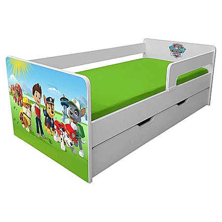 Produse - Pat pentru copii Dogs Green cu sertar, protectii laterale detasabile reversibile, Pal melaminat, margini rotunjite, 2-12 ani, 164x86x55 cm, alb/verde