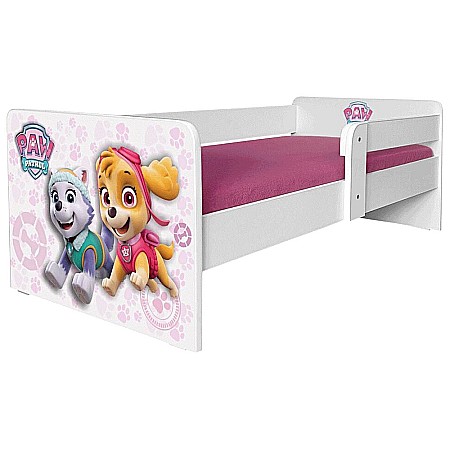 Produse - Pat pentru copii Dogs Pink, cu protectie laterala detasabila, Pal melaminat, margini rotunjite, 2-12 ani, 164x86x55 cm, alb/roz