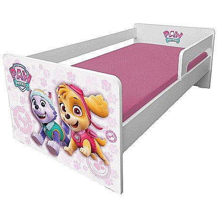 Produse - Pat pentru copii Dogs Pink, cu protectii laterale detasabile reversibile, Pal melaminat, margini rotunjite, 2-8 ani, 144x76x45 cm, alb/roz