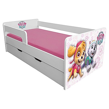 Pat pentru copii Dogs Pink cu sertar, protectii laterale detasabile reversibile, Pal melaminat, margini rotunjite, 2-8 ani, 144x76x45 cm, alb/roz [2]