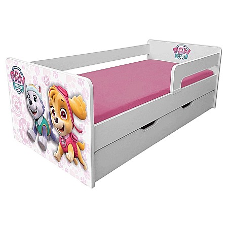 Produse - Pat pentru copii Dogs Pink cu sertar, protectii laterale detasabile reversibile, Pal melaminat, margini rotunjite, 2-8 ani, 144x76x45 cm, alb/roz