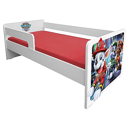 Produse - Pat pentru copii Dogs Red, cu protectii laterale detasabile reversibile, Pal melaminat, margini rotunjite, 2-8 ani, 144x76x45 cm, alb/rosu