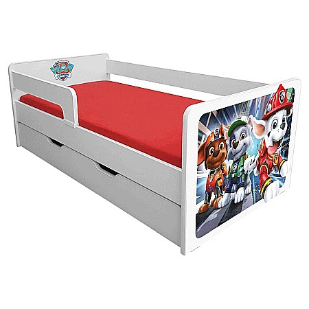 Produse - Pat pentru copii Dogs Red cu sertar, protectii laterale detasabile reversibile, Pal melaminat, margini rotunjite, 2-8 ani, 144x76x45 cm, alb/rosu