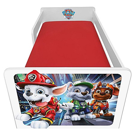 Pat pentru copii Dogs Red cu sertar, protectii laterale detasabile reversibile, Pal melaminat, margini rotunjite, 2-8 ani, 144x76x45 cm, alb/rosu [2]