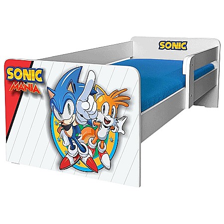 Produse - Pat pentru copii Fast Hero, cu protectie laterala detasabila, Pal melaminat, margini rotunjite, 2-6 ani, 134x66x55 cm, alb/albastru