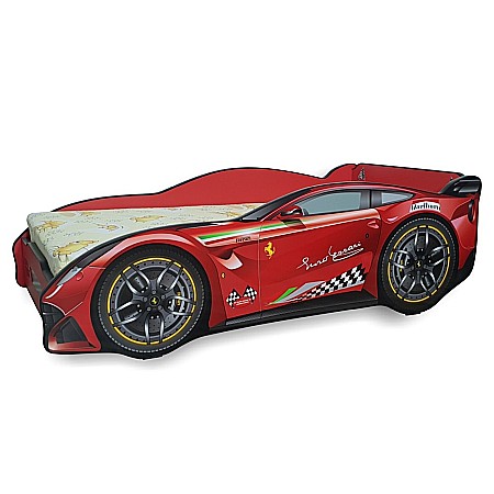 Produse - Pat pentru copii Ferrari Car, Pal melaminat, margini rotunjite PVC, 2-12 ani, 170x84x55 cm, rosu