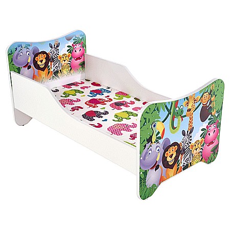 Produse - Pat pentru copii HM Happy Jungle, Pal melaminat, cu saltea inclusa, 140x70 cm, multicolor