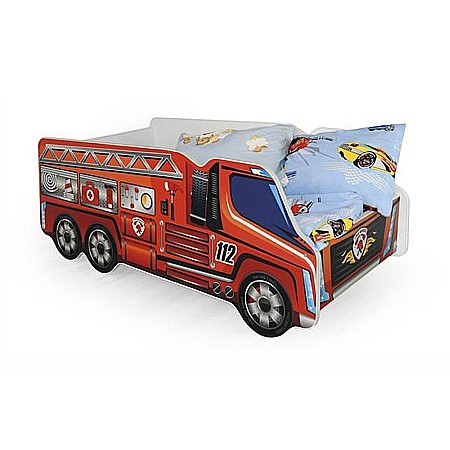 Lichidare de stoc - Pat pentru copii masina de pompieri HM Fire Truck, Pal melaminat, cu saltea inclusa, 140x70 cm, rosu
