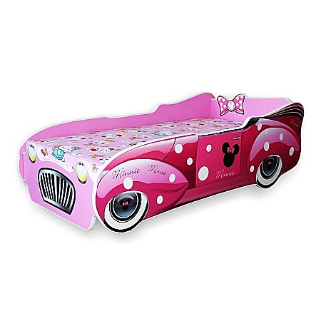 Produse - Pat pentru copii Minnie Car, Pal melaminat, margini rotunjite PVC, 2-8 ani, 150x74x50 cm, roz