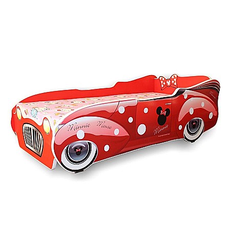 Produse - Pat pentru copii Minnie Car, Pal melaminat, margini rotunjite PVC, 2-12 ani, 170x84x55 cm, rosu