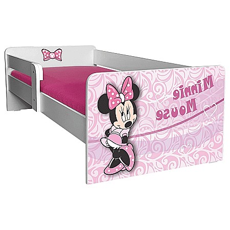 Pat pentru copii Minnie, cu protectie laterala detasabila, Pal melaminat, margini rotunjite, 2-8 ani, 144x76x45 cm, alb/roz [1]