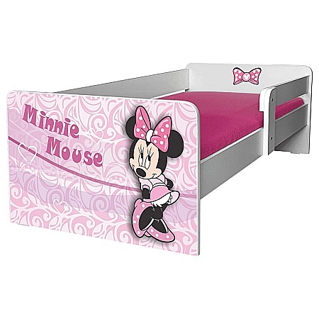 Produse - Pat pentru copii Minnie, cu protectie laterala detasabila, Pal melaminat, margini rotunjite, 2-8 ani, 144x76x45 cm, alb/roz