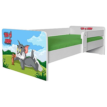 Pat pentru copii Mouse and Cat, cu protectie laterala detasabila, Pal melaminat, margini rotunjite, 2-8 ani, 144x76x45 cm, alb/multicolor [1]